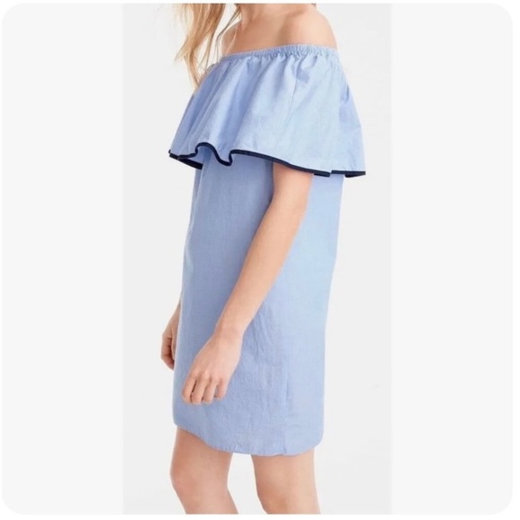 J. CREW Tipped Off The Shoulder Ruffle Blue Cotton Mini Dress XL - Picture 3 of 4